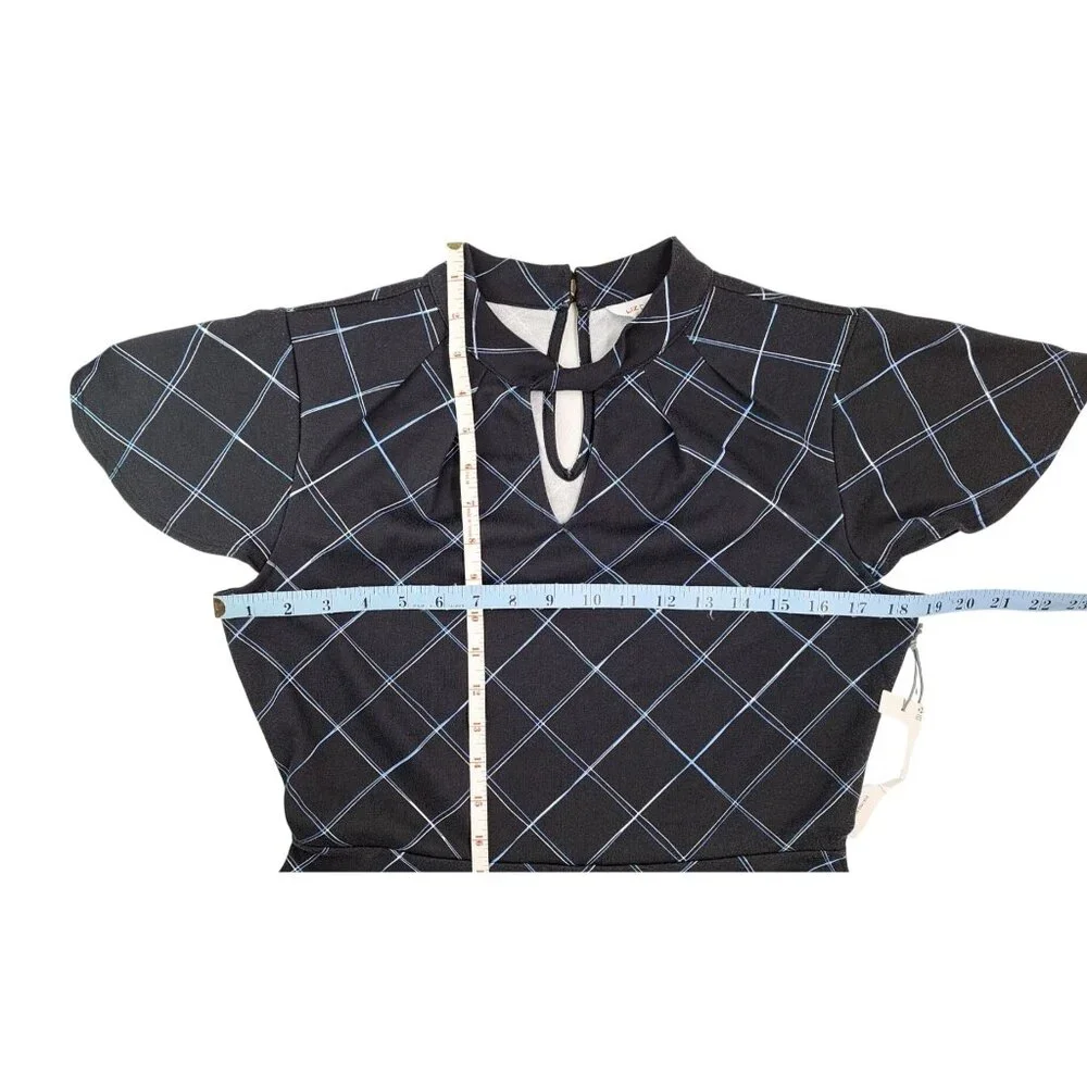 Liz Claiborne Black Plaid Square Fit Flare Dress Women Size 6 Keyhole Back Blue - Picture 8 of 9
